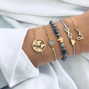 5 Pcs/ Set Punk Turtle Map Heart Letter Love Crystal Beads Chain Multilayer Pendant Gold Bracelet Set Charm Girl Jewelry Gift