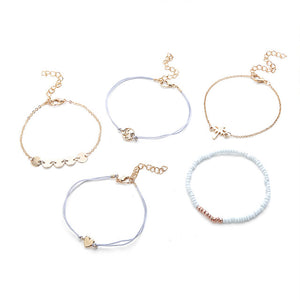 5 Pcs/ Set Punk Map Heart Coconut Tree Wafer Beads Chain Leather Multilayer Bracelet Women Fashion Gold Bracelet Set Combination