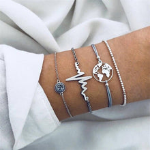 Load image into Gallery viewer, 4 Pcs/ Set Fashion Hollow Map Heartbeat Round Bead Chain Woven Multilayer Bracelet Women Personality Silver Party Bracelet Set