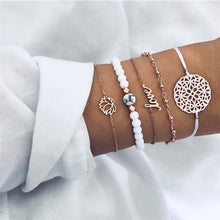 Load image into Gallery viewer, 5 Pcs/ Set Retro Carving Flower Letters Lotus Beads Leather Chain Gold Multilayer Bracelet Female Personality Party Accessories