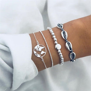 4 Pcs/ Set  Retro Beach Shell Map Beads Silver Multilayer Chain Leather Bracelet Set Women Creative Fashion Jewelry Accessories