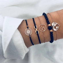 Load image into Gallery viewer, 5 Pcs/ Set Punk Heart Map Wave Beads Flower Digital Chain Leather Gold Multilayer Bracelet Set Women Exquisite Clothing Jewelry