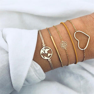 5 Pcs/ Set Bohemian Hollow Gold Heart Map Flower Leather Chain Multilayer Bracelet Set Exquisite Birthday Valentines Day Gift