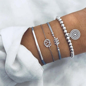 4 Pcs/Set Boho Hollow Leaves Lotus Dream Catcher Beads Leather Chain Silver Multilayer Bracelet Female Charm Jewelry Accessories